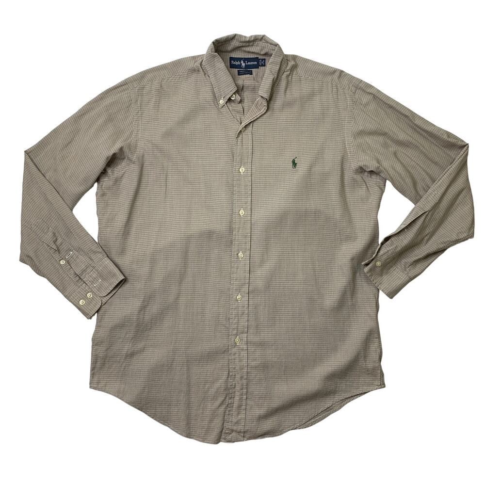 Vintage Ralph Lauren Shirt Mens 15 Tan Yarmouth Cotton Houndstooth Button Down